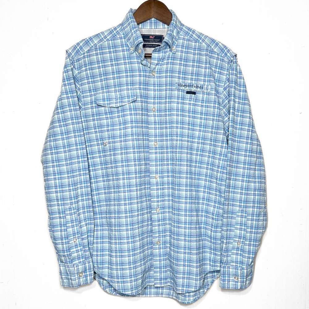 Vineyard Vines Mens Blue Plaid Long Sleeve Utility Buttondown Fishing Shirt - Picture 1 of 8
